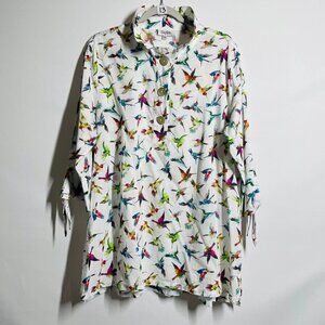 Toofan Womens White Hummingbird Wire Collar Button Down Tunic Shirt Top Size 1X